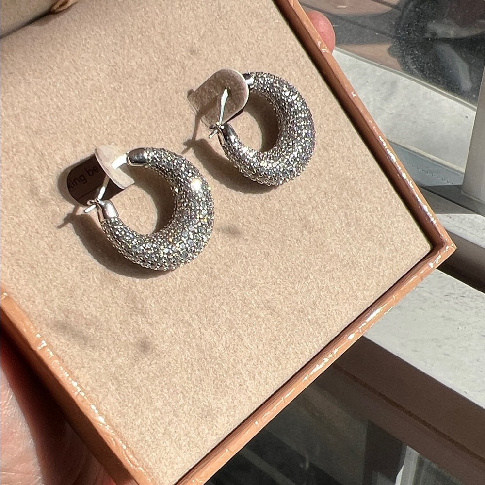 Silver Crystal Pave Chunky Hoop Earrings